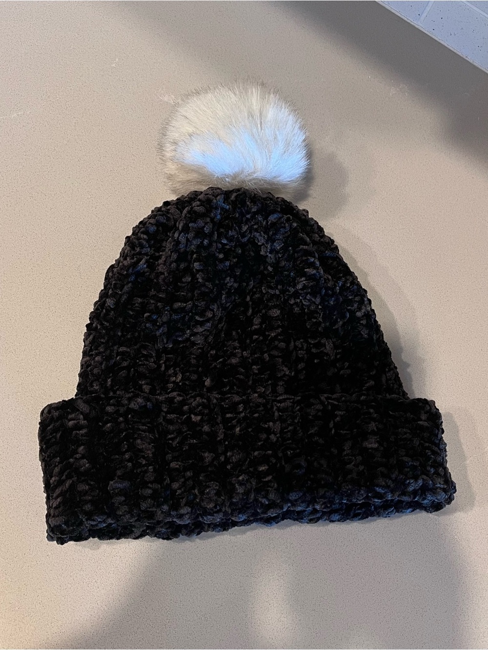 Black chenille knit beanie with white faux fur pom pom, oversized, handmade